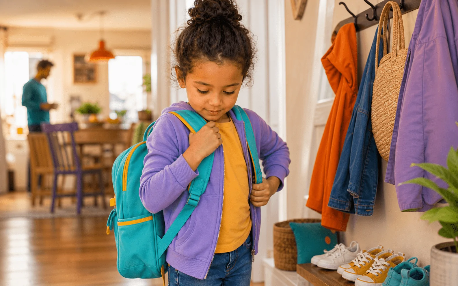 Enfant qui prépare son départ le matin avec son sac
