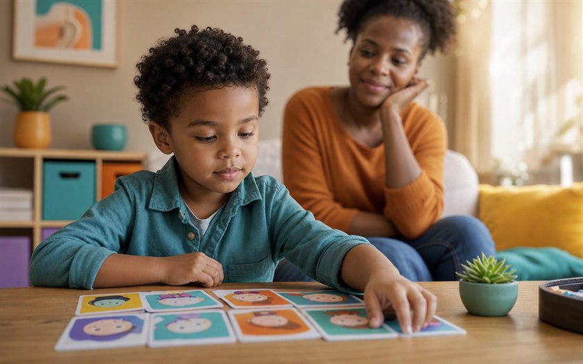 Un enfant utilise des cartes ?motions avec un parent en arri?re-plan