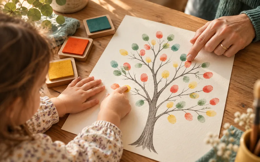 Un enfant et un adulte ajoutent leurs empreintes sur les branches d’un arbre dessiné.