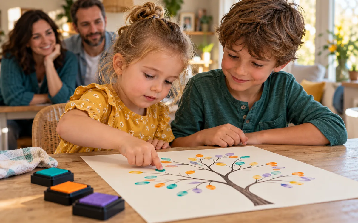 Deux enfants réalisent un arbre à empreintes, avec deux adultes en arrière-plan.