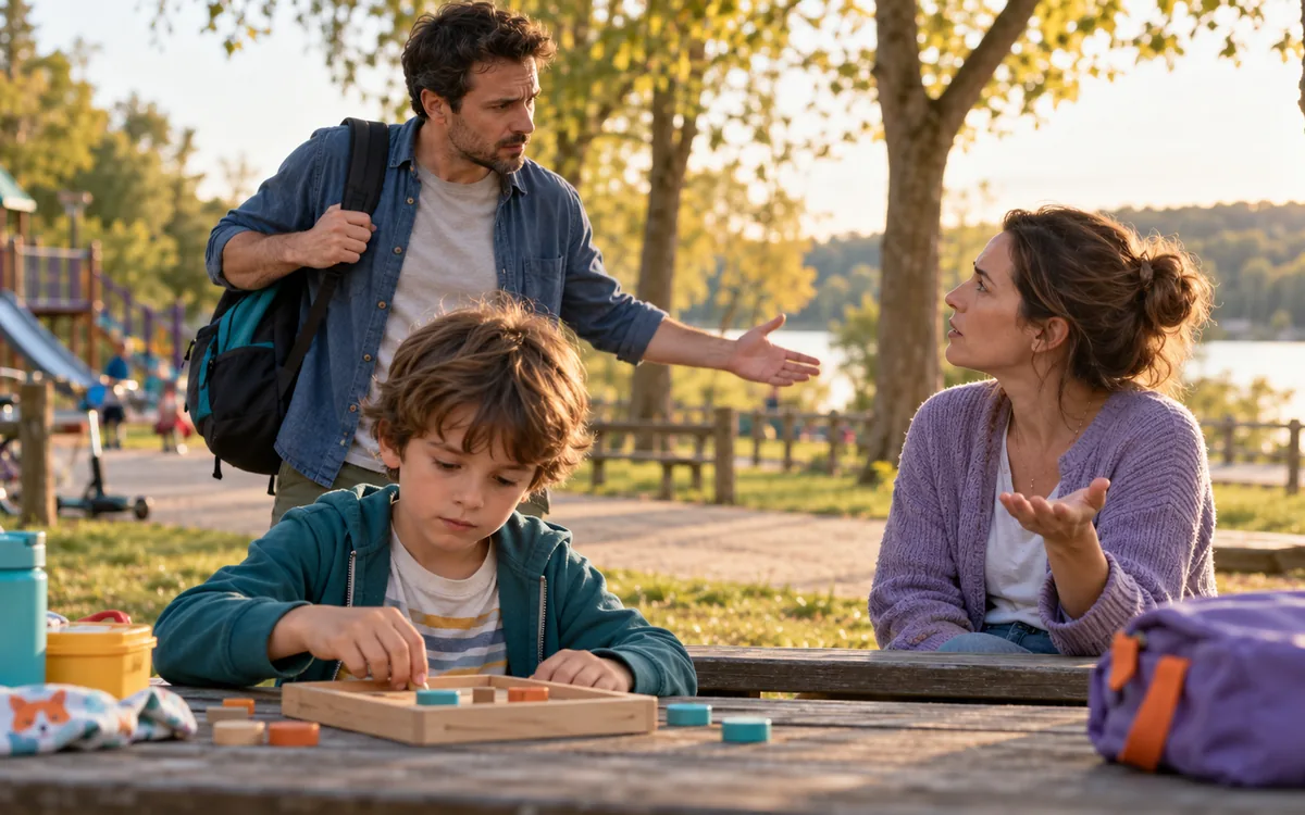 Pendant une sortie au parc, deux parents expriment un désaccord tandis que leur enfant joue à table.