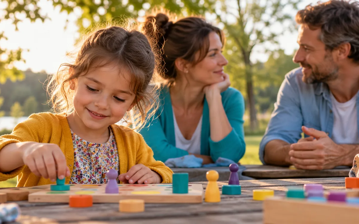 Une enfant joue à table pendant que ses parents discutent calmement en arrière-plan.