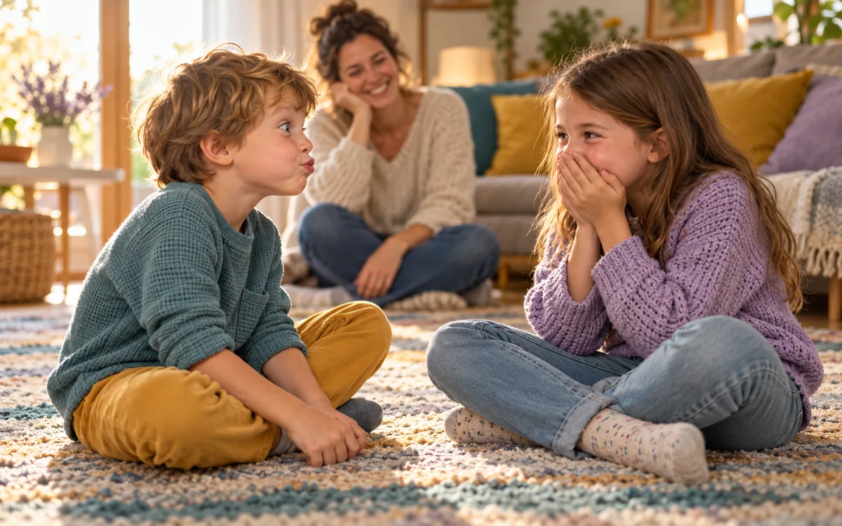 Deux enfants jouent au jeu du sérieux dans le salon, sous le regard amusé de leur mère.