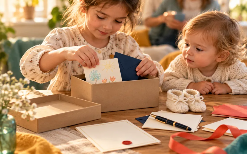 Deux enfants préparent une boîte à souvenirs avec un dessin et des enveloppes.